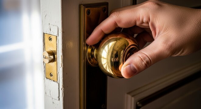 Hand Turning Door Handle and Opening Door.