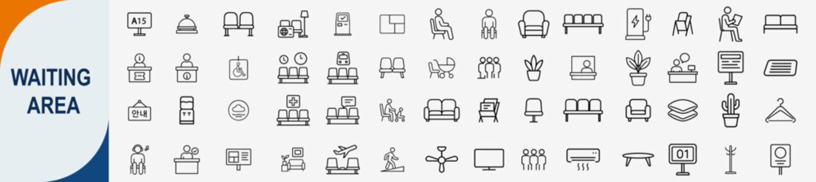 Waiting area and lounge furniture icons set, outline symbols for reception lobby airport station office interior and guest seating vector illustration