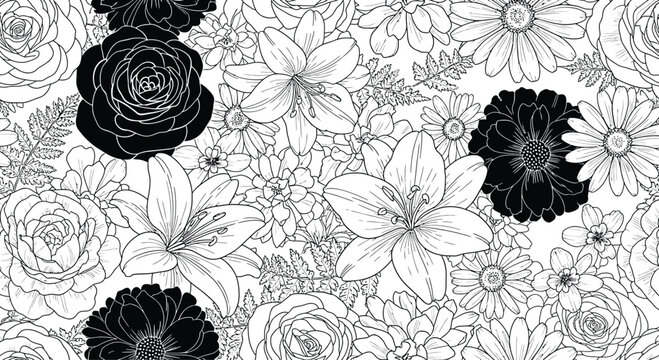 Black and White Floral Pattern with Roses and Daisies