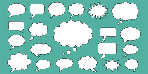 Obraz premium Assortment of white speech bubbles and thought clouds on teal background thought bubble outline