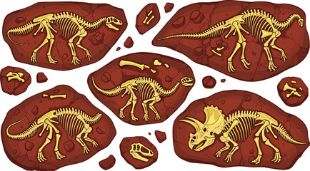 Set of dinosaur fossil vector illustrations featuring complete skeletons including triceratops skull and bone fragments embedded in rock on white background © Aminul