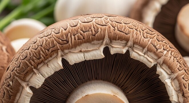 Closeup of a Portobello Mushroom Cap Showing Gills and Texture.