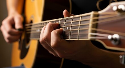 Obraz premium Close up of hands playing acoustic guitar.