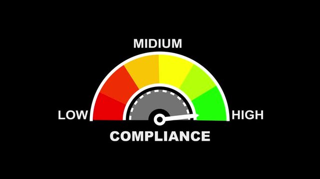 A colorful gauge COMPLIANCE' with a needle pointing towards the middle indicating a medium level of adherence to rules or standards against a stark black background. compliance text or word... 