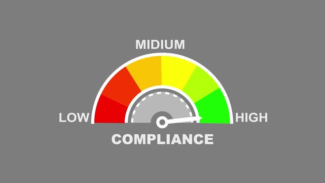A colorful gauge COMPLIANCE' with a needle pointing towards the middle indicating a medium level of adherence to rules or standards against a stark black background. compliance text or word... 