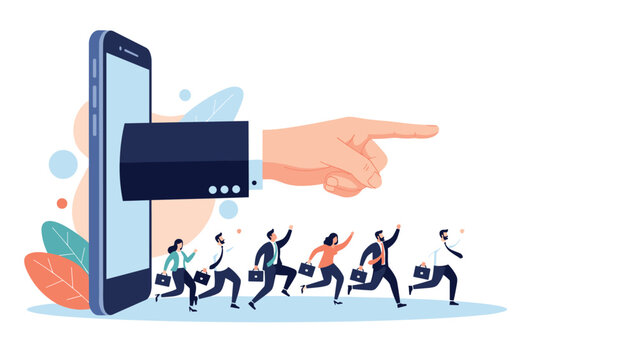 giant hand emerging from a smartphone to guide a group of business professionals represents digital leadership and mentoring.