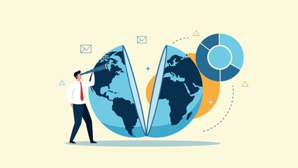 Fototapeta premium visionary businessman looking through a telescope at a split globe represents international market research and global strategy.