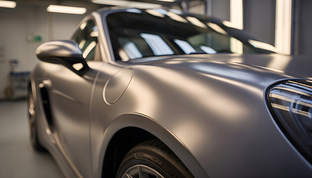 Closeup medium shot of a matte paint finish booth showcasing a sleek vehicle with textured paint emphasizing the subtle detail with the rest