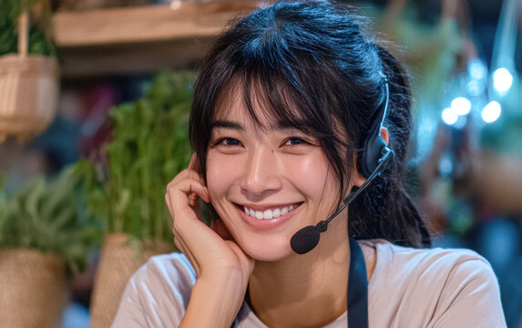 A smiling woman wearing a headset, engaging warmly in a bright, cozy environment with plants in the background.