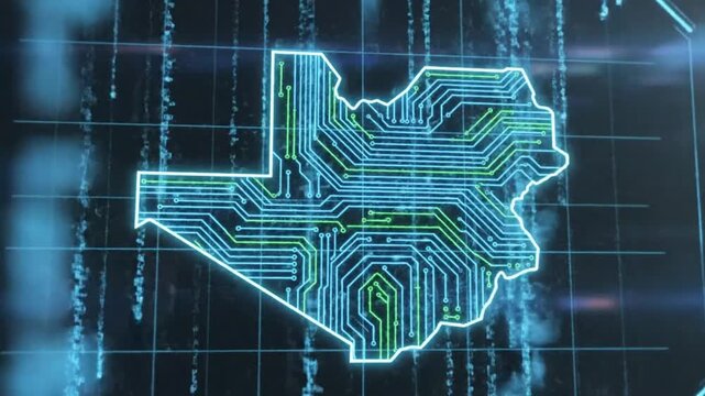 Futuristic electronic circuit map of Libya on digital control panel with data streams and visualizations