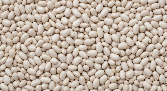 Closeup view of a large pile of dried white beans showcasing their texture and uniformity.