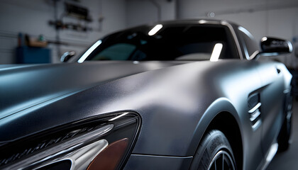 Naklejka premium Closeup medium shot of a matte paint finish booth showcasing a sleek vehicle with textured paint emphasizing the subtle detail with the rest