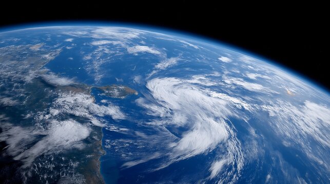 Earth viewed from orbit with swirling clouds and blue ocean against black space background, perfect for space exploration, orbital view, planet Earth beauty, satellite perspective, global overview,