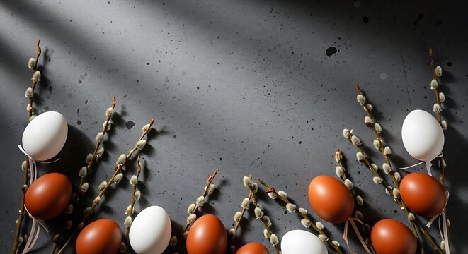 Easter eggs and willow branches on a gray background