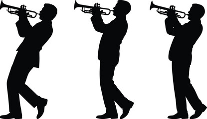 Trumpet player musician silhouettes performing jazz music isolated on white backgroundTrumpet player musician silhouettes performing jazz music isolated on white background © MSTMONIRA