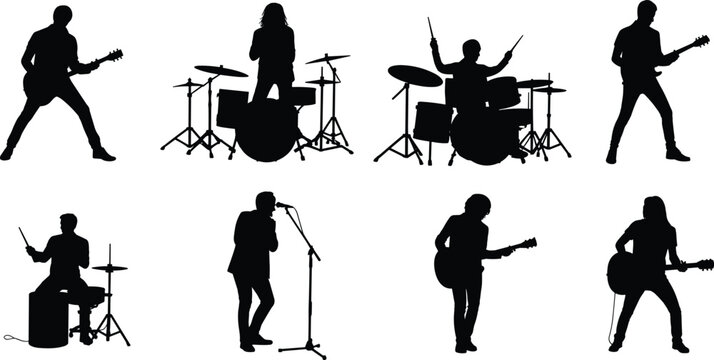 Rock band musicians silhouettes set with guitarist drummer singer performing live concert