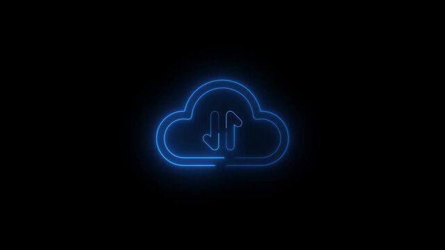 Glowing neon cloud upload download animation, data transfer icon loop, cloud computing technology symbol, futuristic storage sync concept, digital network backup, modern UI UX tech background.