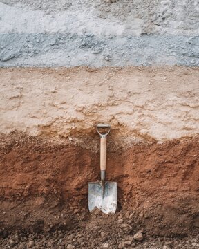 Layered soil profile with shovel showing natural earth stratification texture