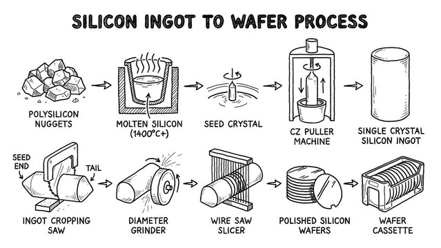 Hand Drawn Infographic of Silicon Ingot to Wafer Manufacturing Process, A detailed, hand-drawn educational diagram illustrating the step-by-step manufacturing process of silicon wafers