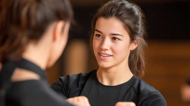 Teenage girl learning self defense techniques in an empowerment class with female instructor, perfect for female safety rights, self defense empowerment, gender protection, modern feminism, and