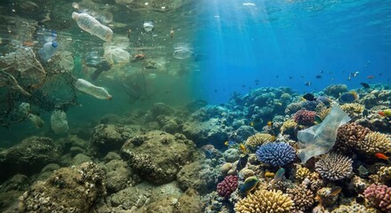 Fototapeta premium Underwater scene contrasting severe ocean pollution with vibrant coral reef life.