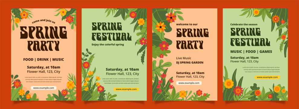 Spring festival party poster template collection set with hand drawn floral leaves and flowers