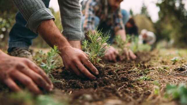 People planting young tree seedlings together in forest soil