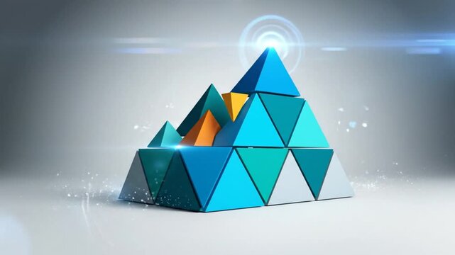 Abstract geometric pyramid structure with multiple triangle layers, glowing with digital effects.