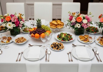 Fototapeta premium Elegant table setting with a variety of dishes and colorful flowers