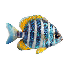 Pez de arrecife con llamativo patrón de manchas azules y naranjas, aletas translúcidas con tonos amarillos y un ojo destacado, sobre fondo negro.