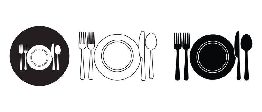 Black and white tableware icons with plates and cutlery
