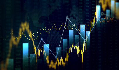 Business financial chart with moving up arrow graph.Financial data charts with glowing stock market graphs.Stock market investment data and analysis finance graph.