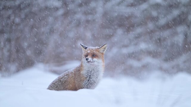 Red fox ( Vulpes vulpes ) in winter scenery