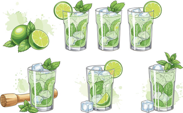 Fresh mojito cocktail vector set with lime mint ice cubes and muddler hand drawn watercolor sketch illustrations for bar menu design