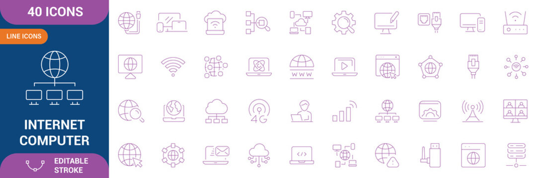 Internet Computer Icon Set. Containing online, computer, network, website, server, web design, hardware, software, programming, database, cloud computing, and etc. Editable stroke. Vector illustration