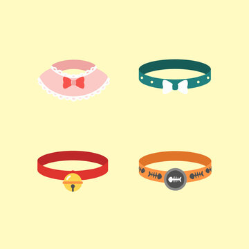Collection of decorative pet collars and accessories for cats or dogs featuring bow ties, bell and fish bone pattern on yellow background