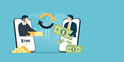 Flat art of two businessmen on mobile screens trading a gold bar for money. Features a global map background and financial charts, representing digital gold investment and mobile banking.