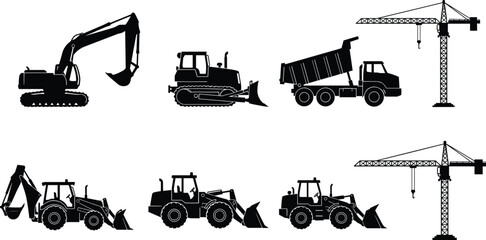 Construction machinery silhouette set excavator bulldozer dump truck crane loader heavy equipment vehicles isolated vector illustration for industrial building projects © MstNurJahan