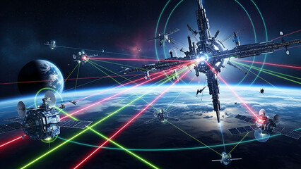 Fototapeta premium Futuristic space station with satellites and laser beams orbiting earth in a sci fi setting with a large planet in the background and multiple spacecraft connected by lines