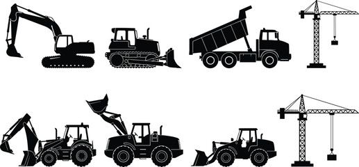 Heavy construction equipment silhouette collection excavator bulldozer dump truck crane loader machinery isolated vector set for industrial engineering projects © MstNurJahan