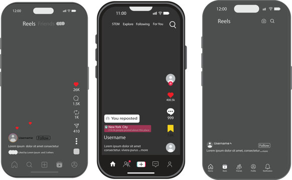 Instagram TikTok Facebook 2026 reels post story engagement elements with comment share buttons. Tik Tok Facebook Instagram reels mockups with smartphones. mobile app UI design
