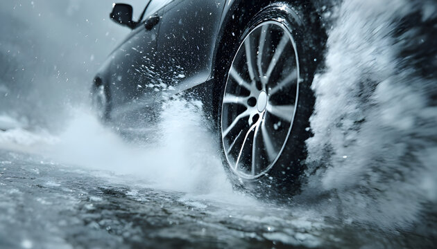 Car wheel spinning through slush and melting snow on wet asphalt