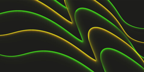 A flowing abstract wave in shades of yellow and green on a black background gradient
