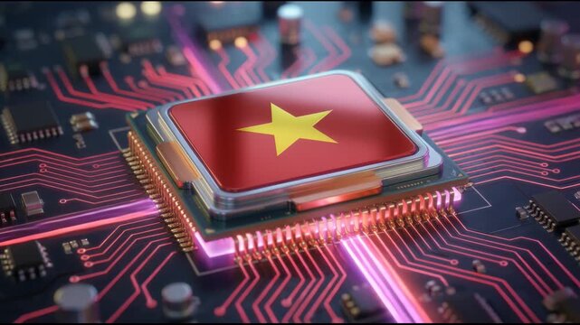Vietnam flag on microchip technology hub digital art high-tech environment close-up view innovation concept