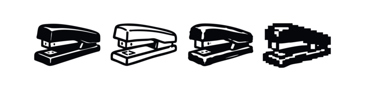 Stapler icon set in various styles, including solid, outline, textured, and pixel art, for office and stationery designs.