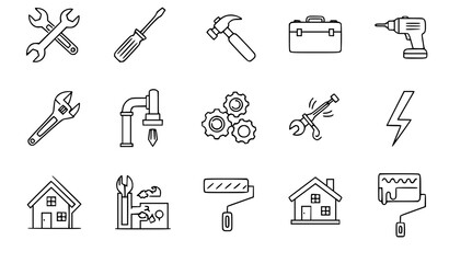 Fototapeta premium A set of line art icons depicting various tools and household items