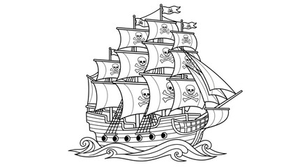 Vintage Pirate Ship With Jolly Roger Flags Sailing on Stormy Seas