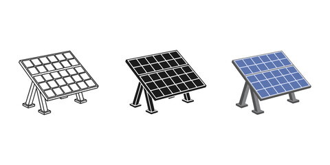 Three solar panels with different finishes on metal stands against white background © sakibahmed
