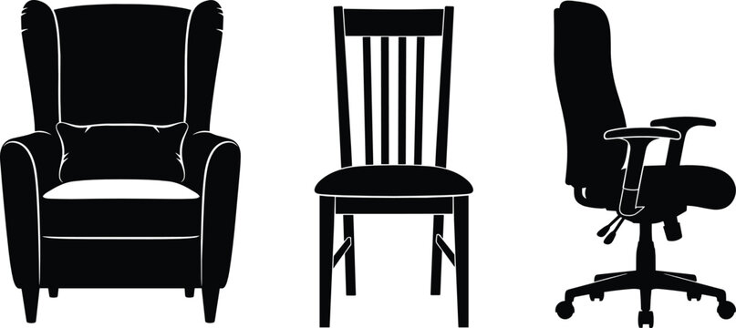 Chair silhouettes collection featuring armchair, wooden dining chair and modern office swivel seat isolated vector illustration