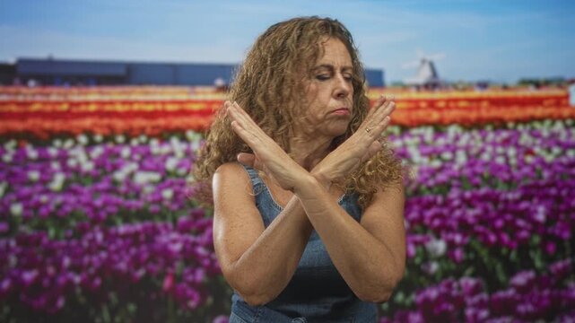 Woman crossing forearms and turning head in front of rows of tulips and a windmill backdrop in studio; rejection protest.